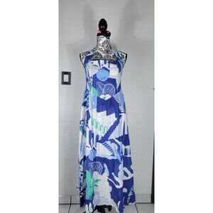 White Closet Elements Long Blue and White HalterNeck Dress LINEN SZ Medium